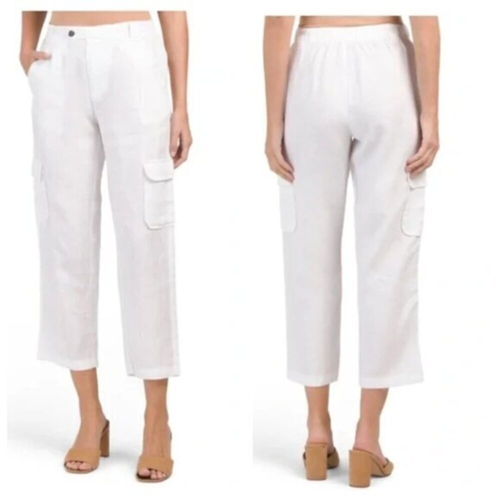 RACHEL Rachel Roy 100% Linen Cargo Pocket Ankle Pants W/Elasticized Waist M
